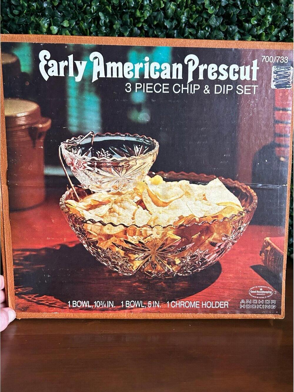 Vintage Anchor Hocking Early American Prescut Chip Dip Set NOS Box